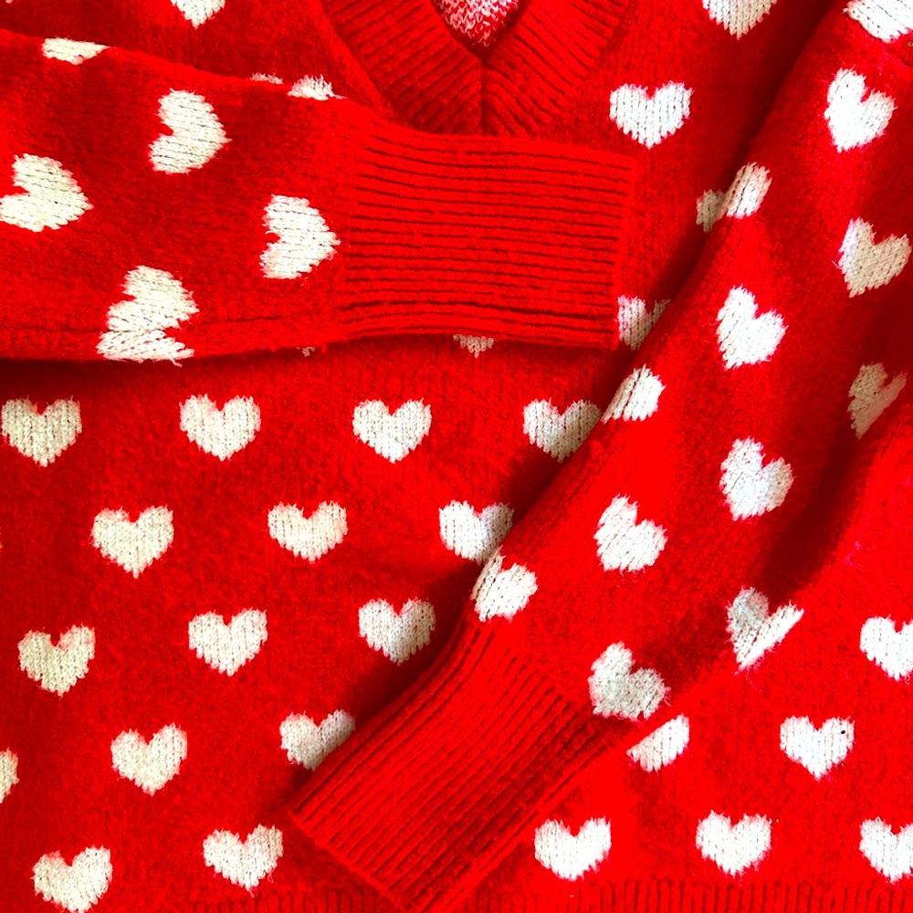 CeCe Red and White Heart V-Neck Sweater